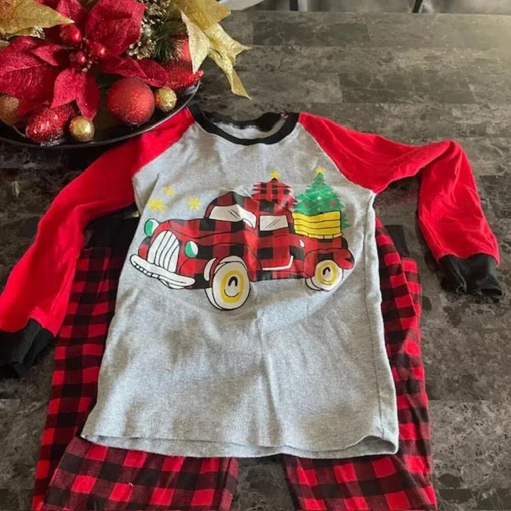 Little Hand Toddler Boys Christmas Pajamas Set (size 8): Plaid Design Red-Black